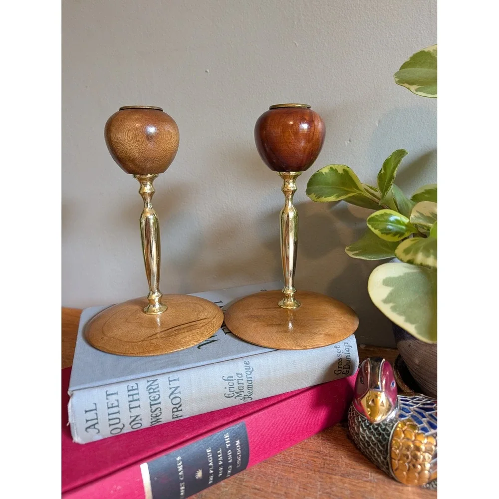 Vintage‎ Mid Century Modern Myrtlewood Candlestick Holders Pair Oregon Wood Gold